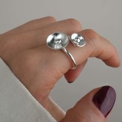 İkili Çiçek Şeklinde Önden Ayarlanabilir Gümüş Yüzük