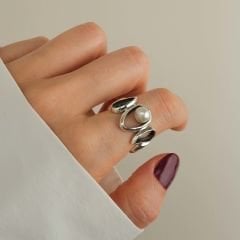 Sonya İnci Taşlı Ayarlanabilir Gümüş Yüzük