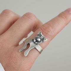 Köpek Figürlü Ayarlanabilir Gümüş Yüzük