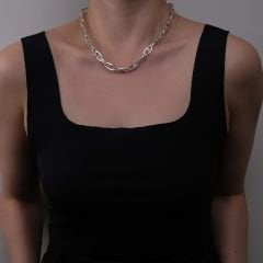 Oval ve İç İçe Geçmeli Kalın Zincir Gümüş Kolye | 47 cm