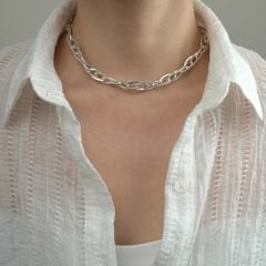 Oval ve İç İçe Geçmeli Kalın Zincir Gümüş Kolye | 40 cm