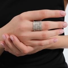 Sepet Desenli Ayarlanabilir Kalın Gümüş Yüzük